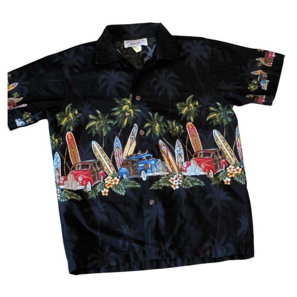 Pacific Legend Surf Hawaiian Aloha Shirt Boys 8 M Woody Car Surfboard Tropical